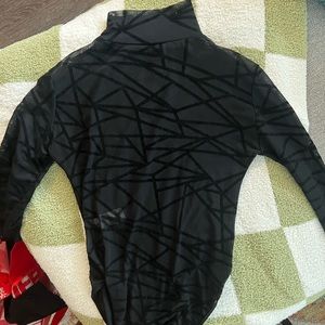 black mesh bodysuit with velvet abstract detailing